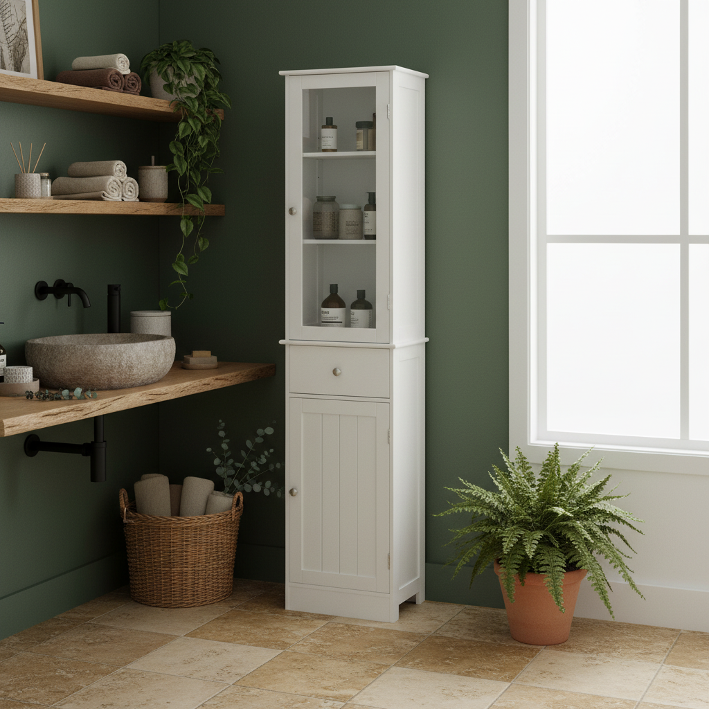 Ramila Tall Bathroom Storage Cabinet With Shelves Drawer And Door In White