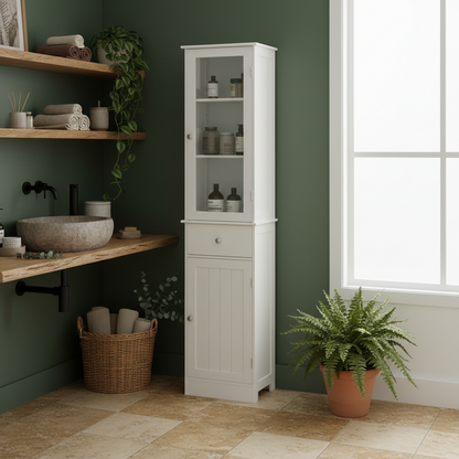 Ramila Tall Bathroom Storage Cabinet With Shelves Drawer And Door In White
