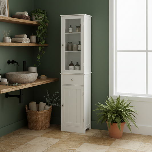 Ramila Tall Bathroom Storage Cabinet With Shelves Drawer And Door In White