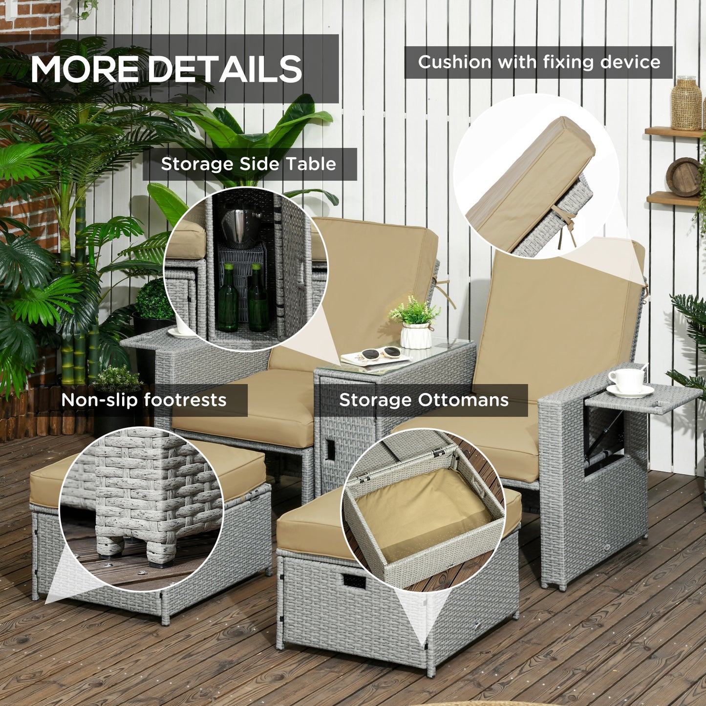 Luva Faux Rattan Grey and Beige 5 Piece Adjustable Sun Lounger Set With Storage Table And Footstools