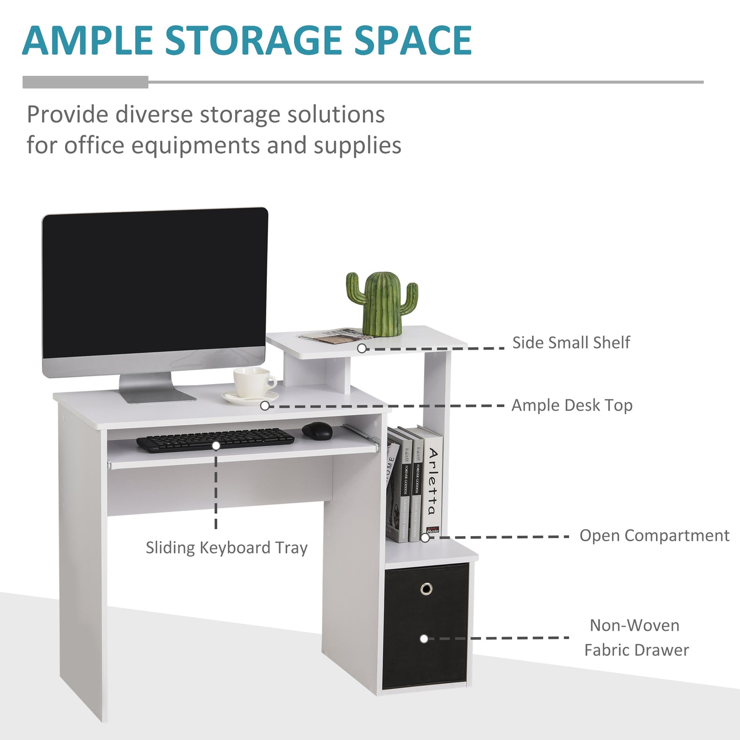 Tono 100cm Wooden White Home Office Desk With Sliding Keyboard Tray Drawer And Shelving