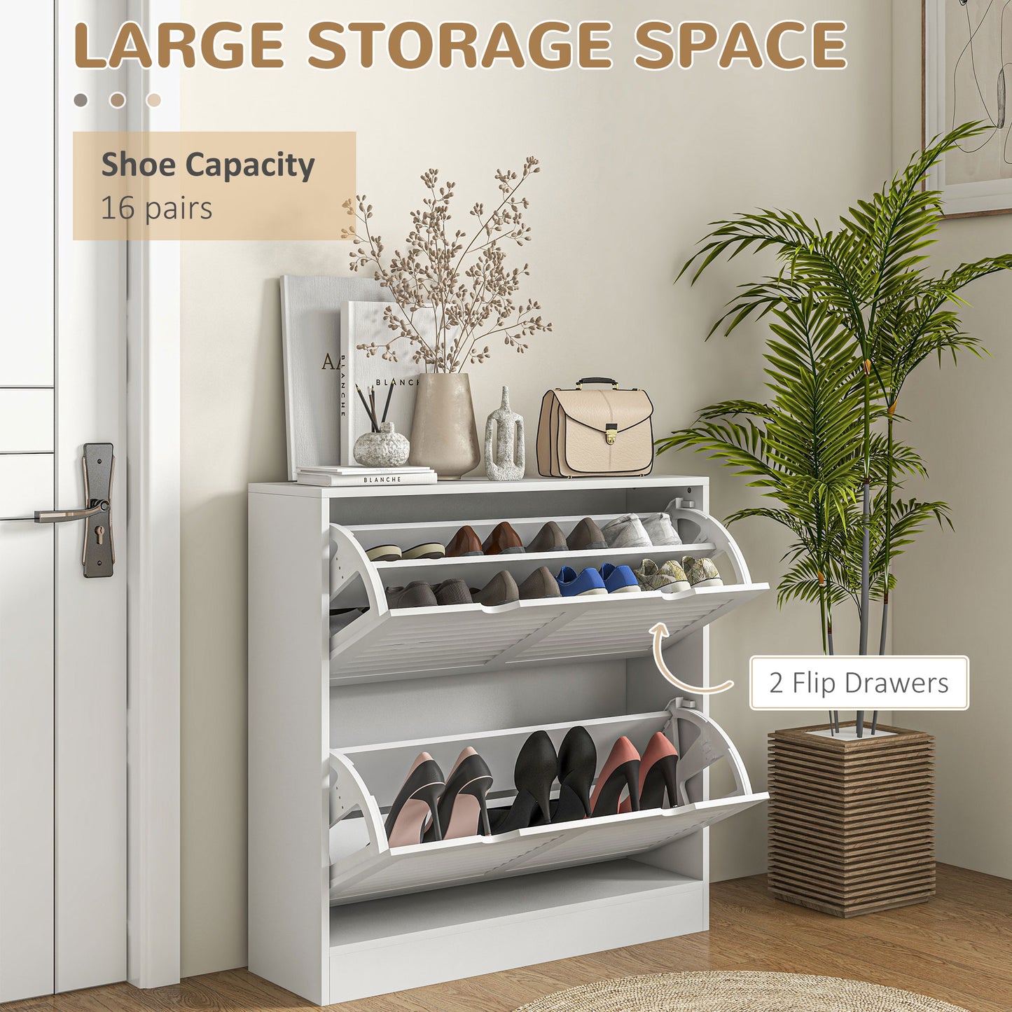 Nelu Neka Wooden White Slim Entryway Shoe Cabinet With 2 Flip Drawers Slatted Design