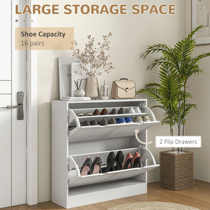 Nelu Neka Wooden White Slim Entryway Shoe Cabinet With 2 Flip Drawers Slatted Design