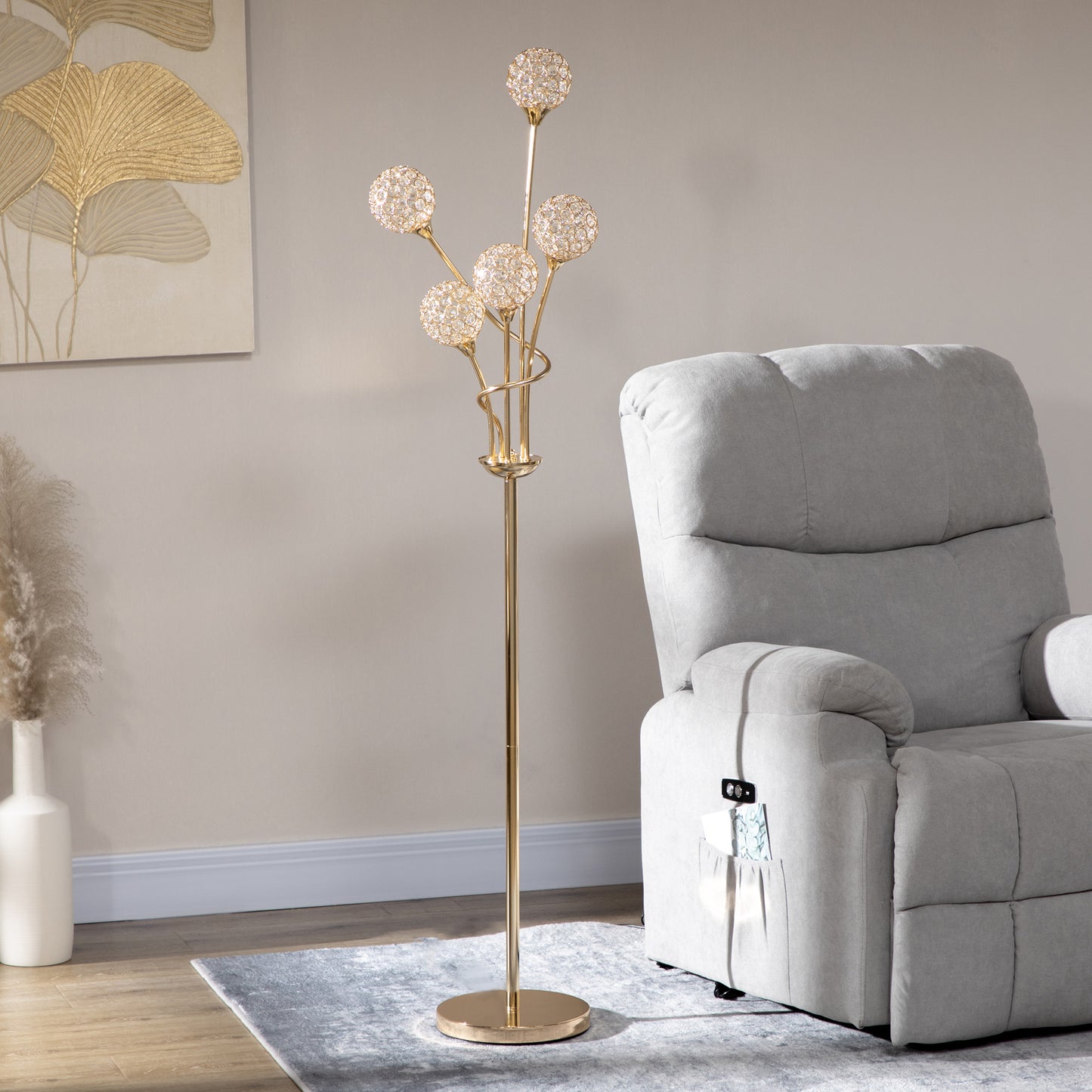 Rarodi Crystal And Metal Gold Tone 5 Light Upright Floor Lamp 156 cm