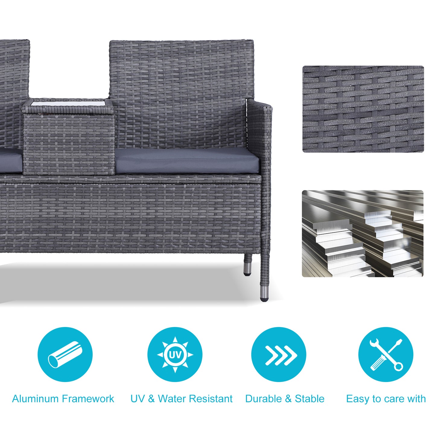 Tapata Rattan Grey 2 Seater Outdoor Garden Bench With Central Table