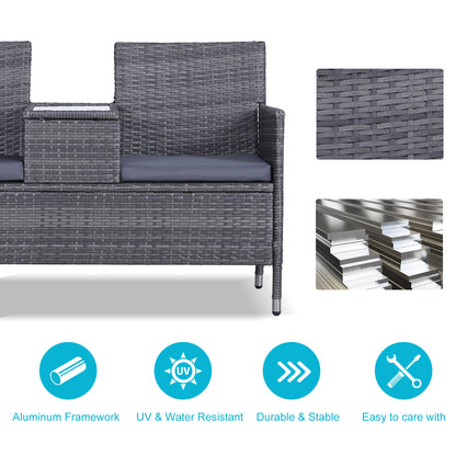 Tapata Rattan Grey 2 Seater Outdoor Garden Bench With Central Table