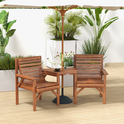 Topa Tan Brown Wood Garden Bistro Set Love Seat With Integrated Coffee Table And Parasol Hole