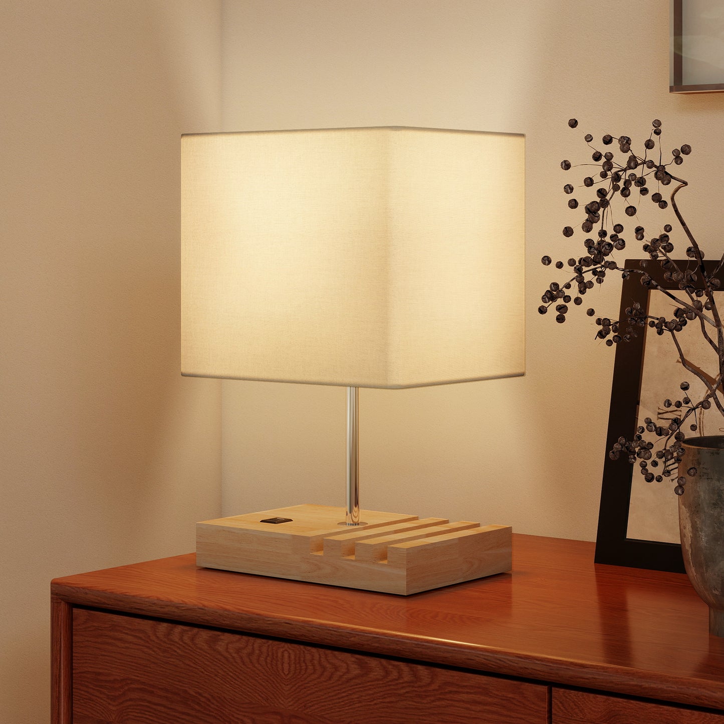 Hael Wood And Fabric White Bedside Table Lamp With USB Charging Ports Phone Stands And Fabric Shade