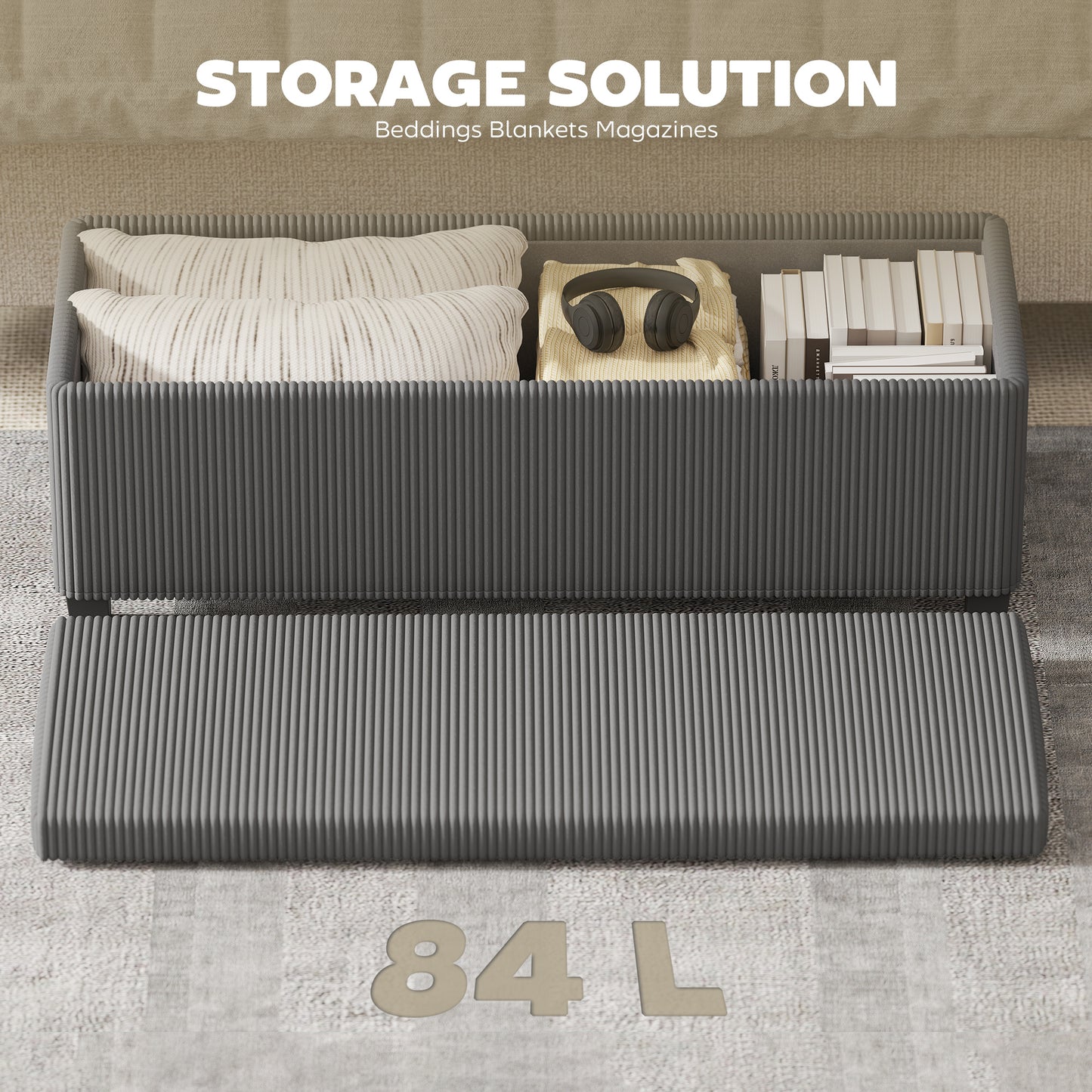 Bami Rimi Corduroy Grey Large Rectangular Storage Ottoman