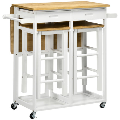Elvami Vafa Wooden White Kitchen Island Set With 2 Stools Drop Leaf Top Drawers And Towel Rack
