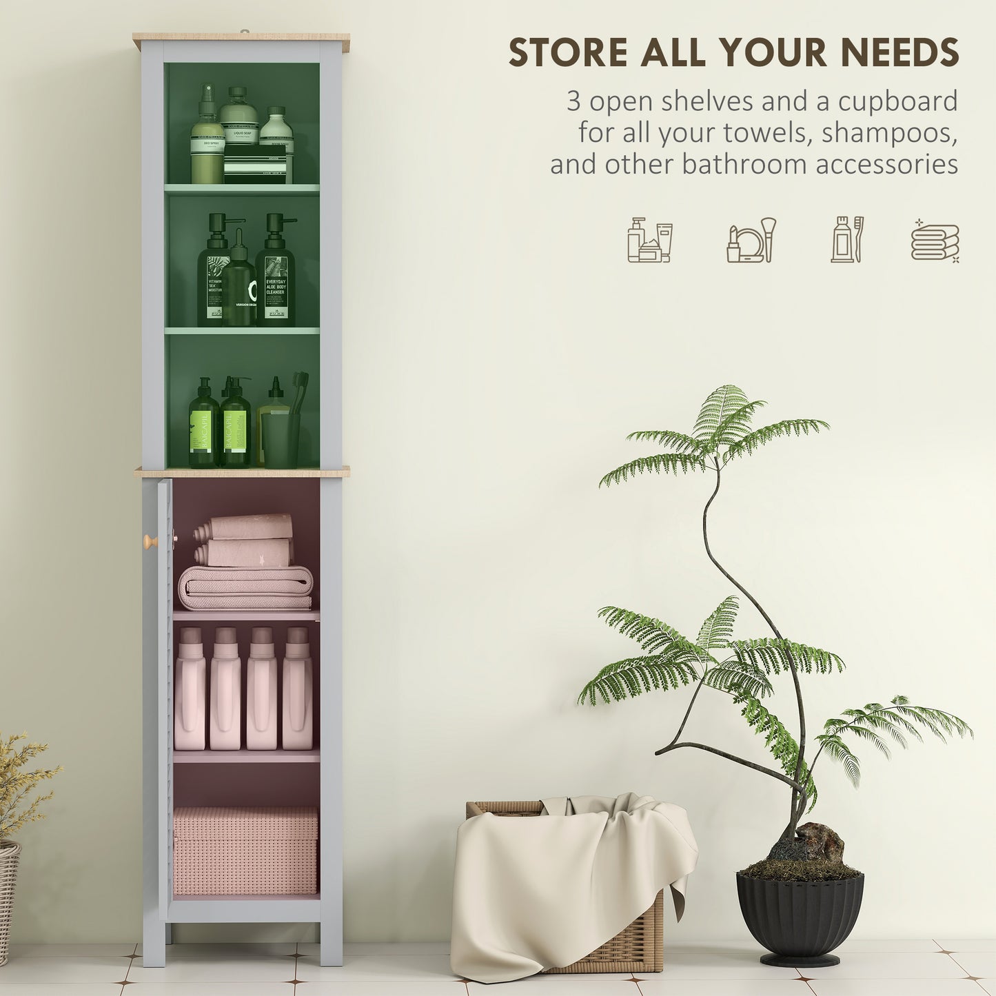 Pahafi Tall Bathroom Linen Storage Cabinet With Shelves And Cupboard Door In Grey