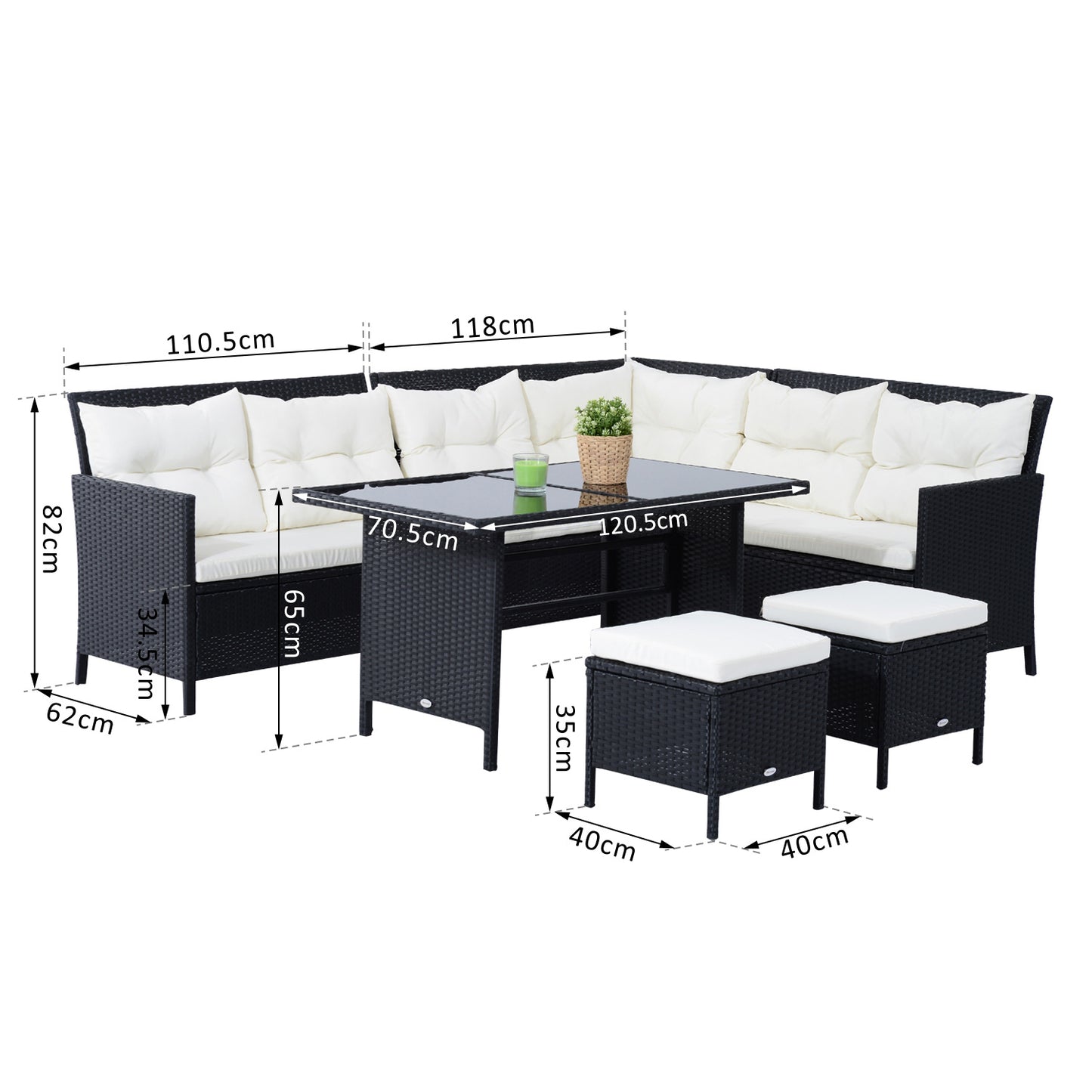 Semapa Rattan Black 8 Seater Corner Dining Sofa Set With Coffee Table Footstool And White Cushions