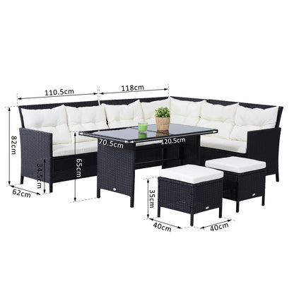 Semapa Rattan Black 8 Seater Corner Dining Sofa Set With Coffee Table Footstool And White Cushions