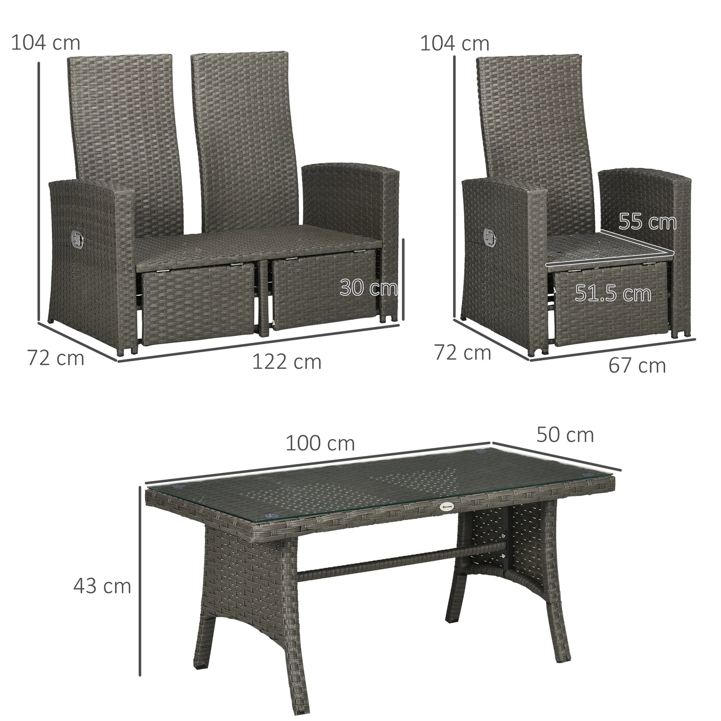 Rayo Grey Rattan 4 Seater Outdoor Sofa Set With Glass Top Table