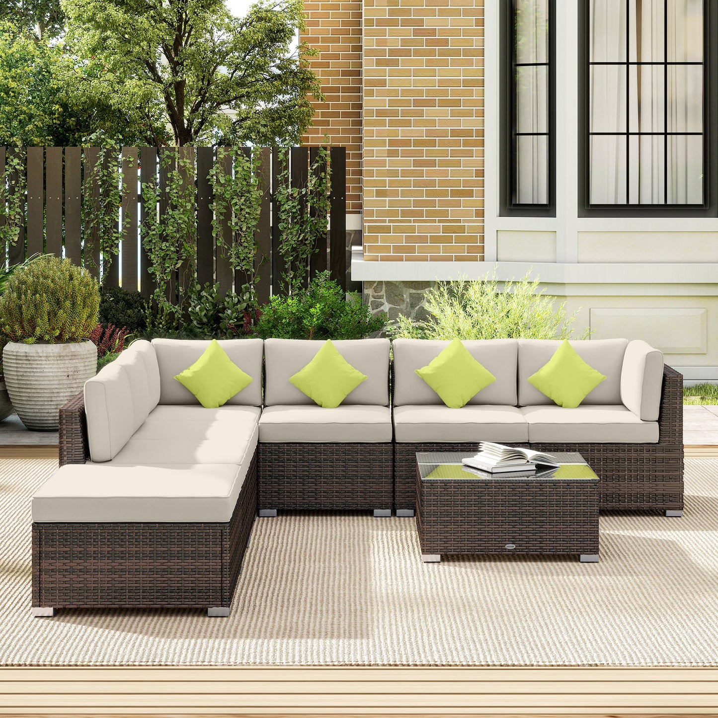 Dobazi  Mixed Brown Rattan 6 Seater Corner Sofa Set With Cushions And Glass Coffee Table
