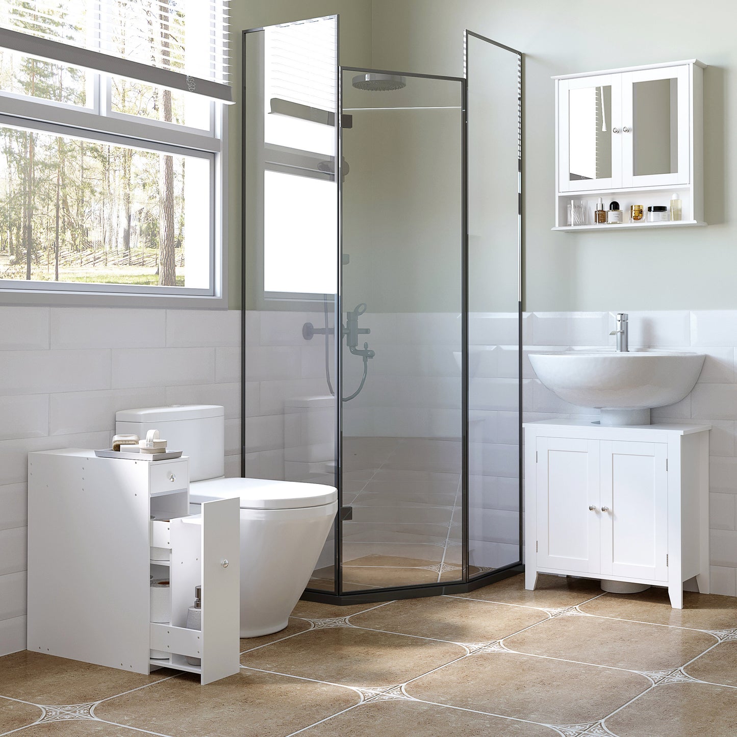 Ninemi Narrow Bathroom Floor Storage Cabinet With Drawers In White