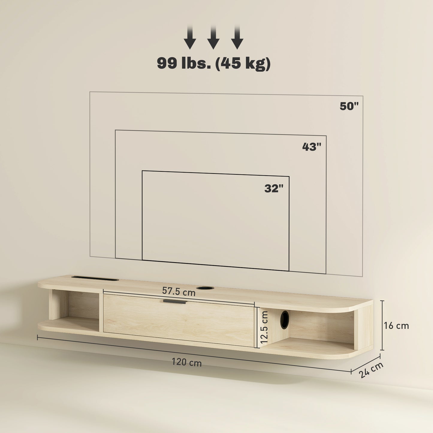 Avalani 120cm Natural Finish Floating TV Unit For Screens Up To 50 Inches