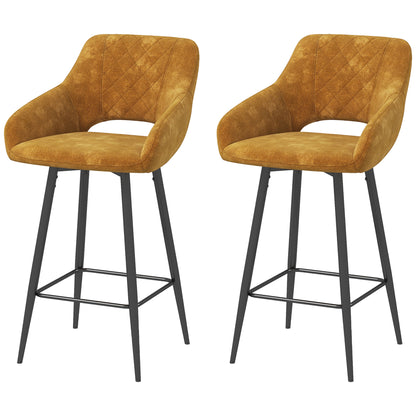 Fadole Velvet Gold Mustard Bar Stools Set Of 2 With Soft Touch Upholstery And Footrests