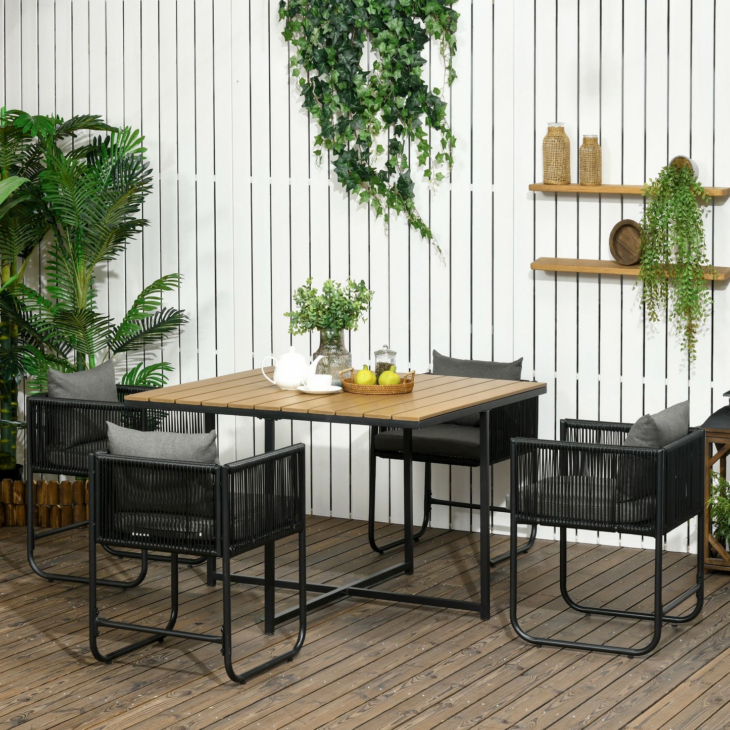 Lilere Rattan Black 4 Seater Cube Garden Dining Set With Cushions And Rectangular Wood Grain Table