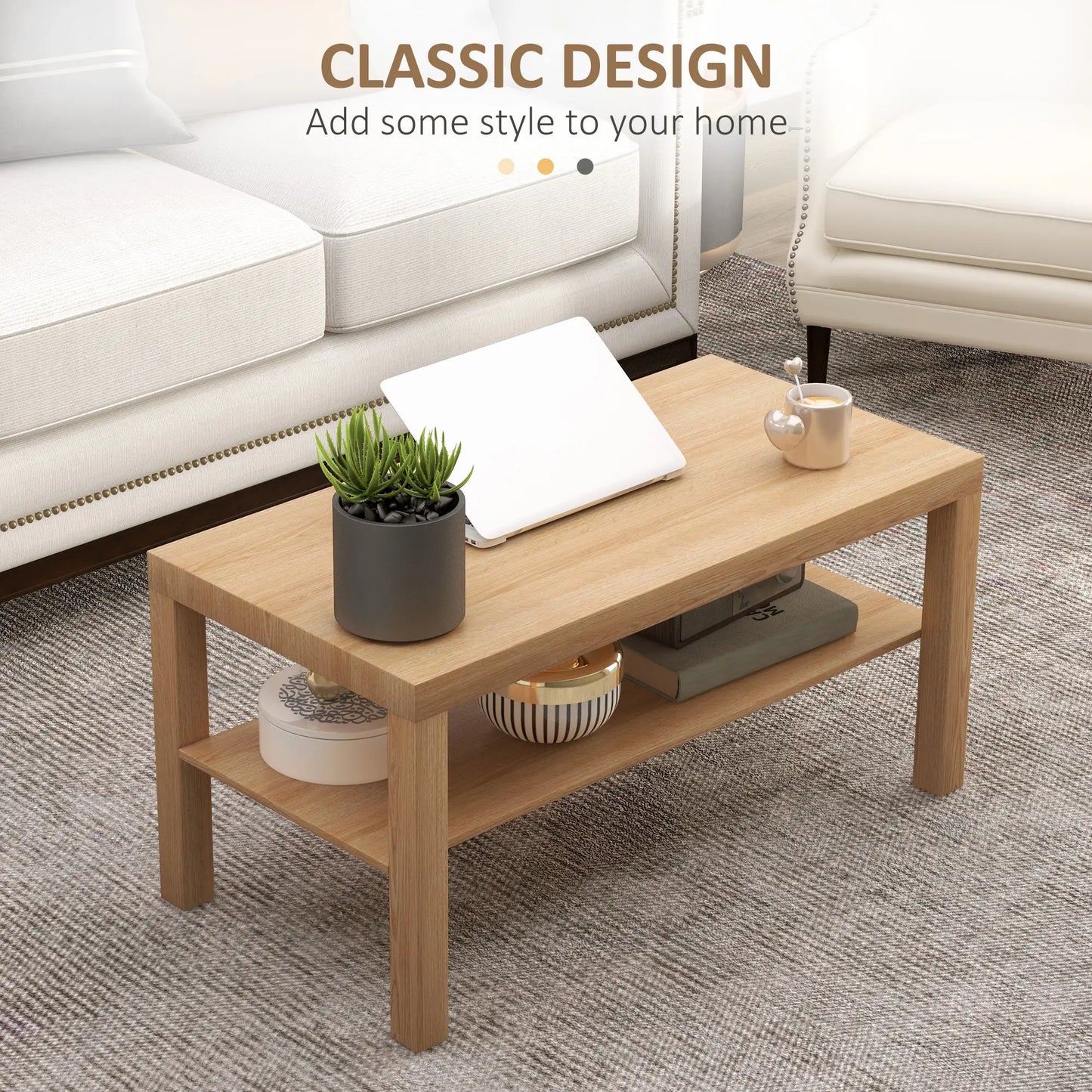 Wooden 90cm Natural Finish Rectangular Coffee Table with Bottom Shelf