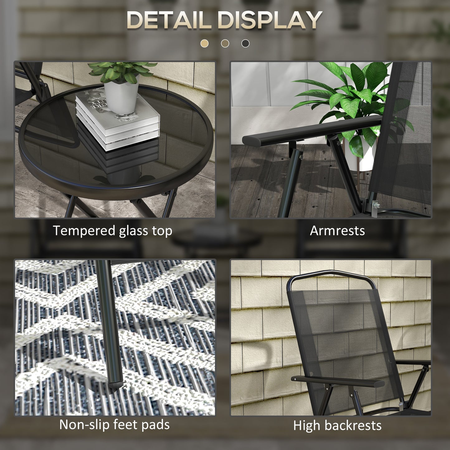 Zivino Glass And Metal Black 3 Piece Garden Seating Set With Table And Chairs