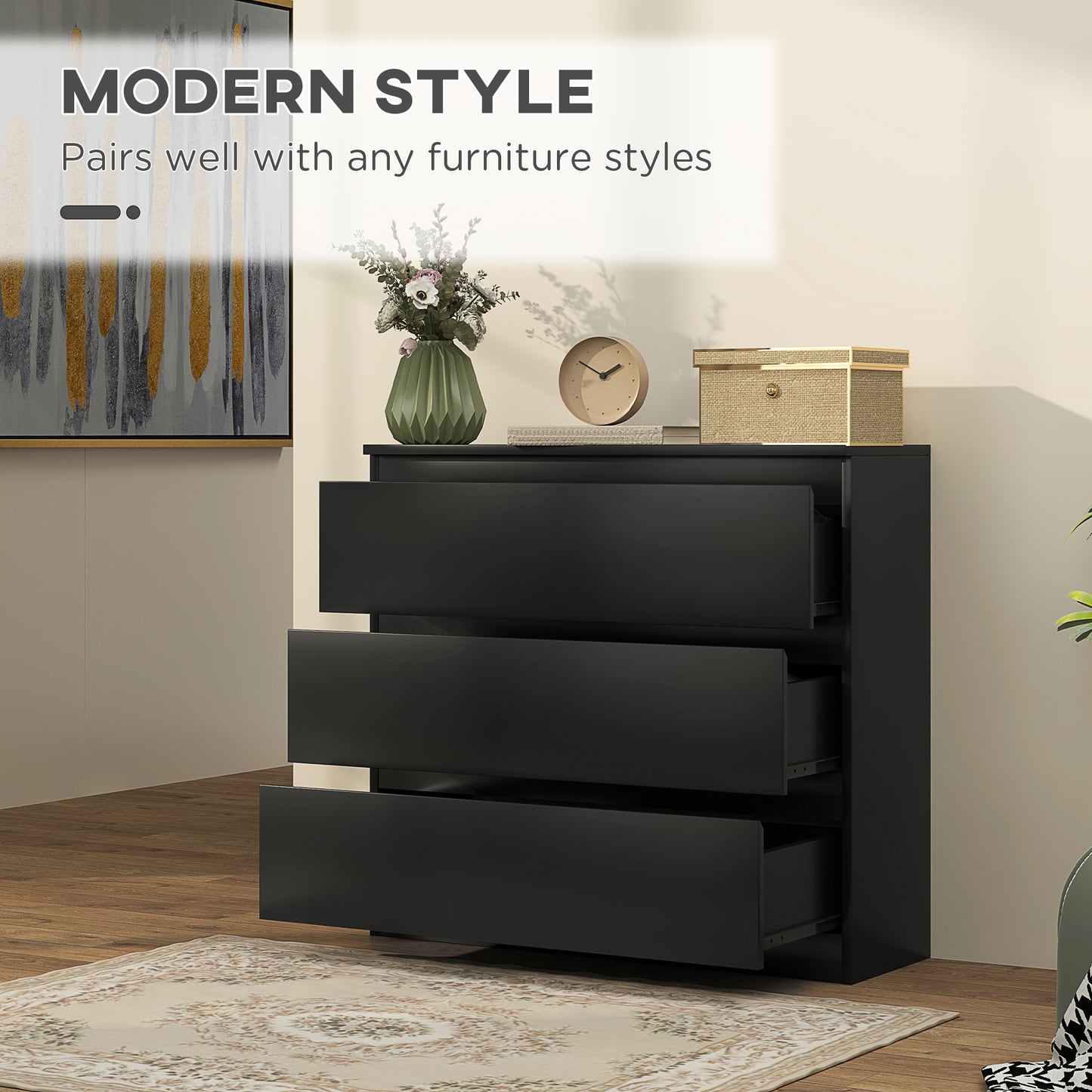 Rakami Wooden Black 3 Drawer Storage Chest