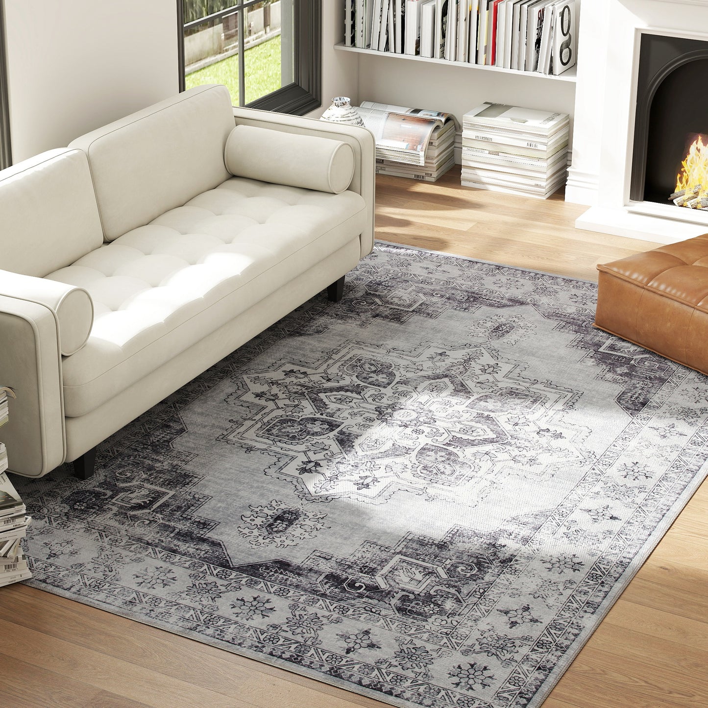 Vera 290 x 200 cm Polyester Grey Vintage Style Non Slip Washable Rug
