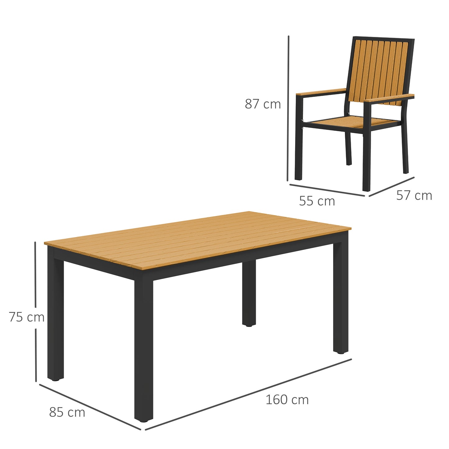 Rido 6 Seater Natural Wood and Black Metal Garden Dining Set with Stackable Chairs