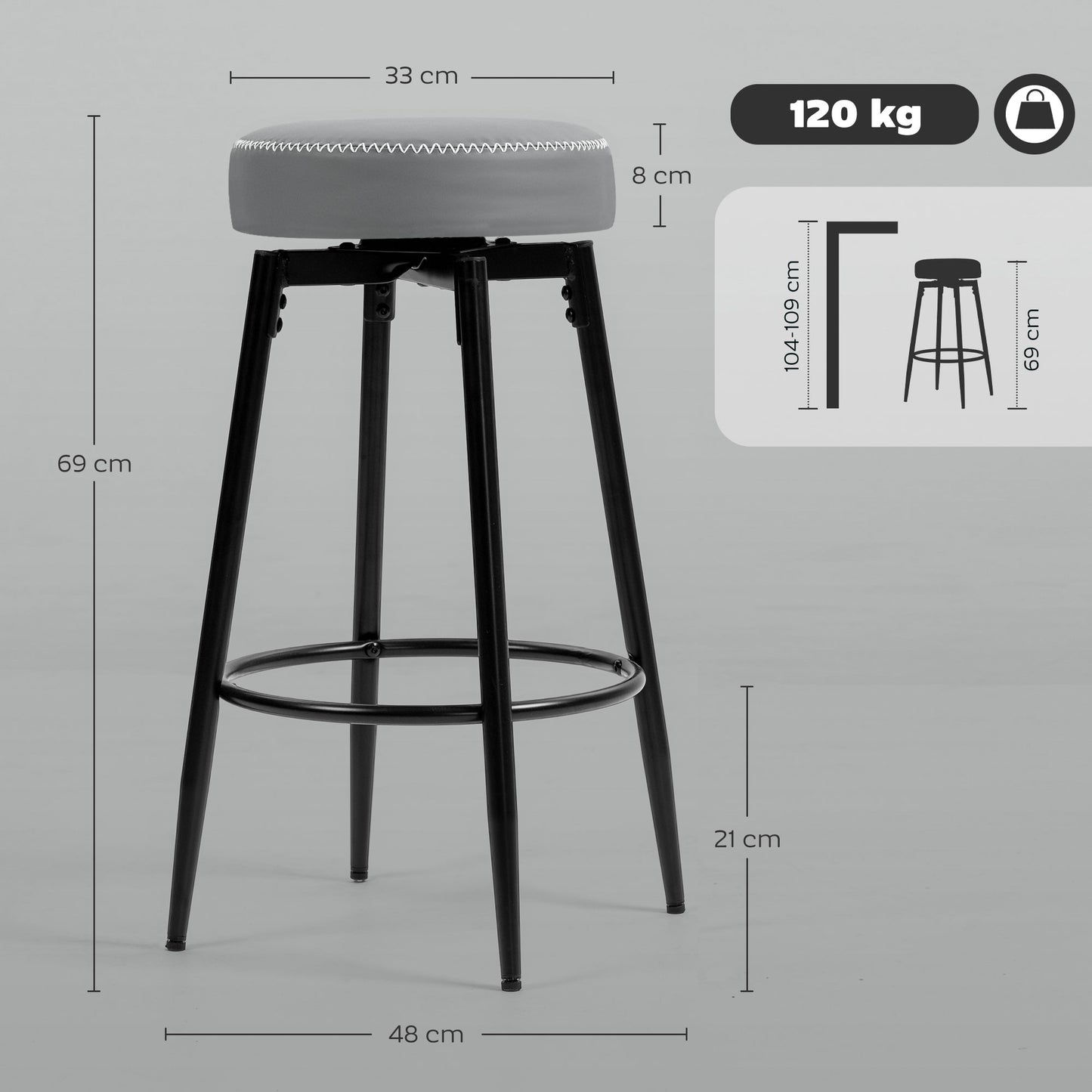 Relura Faux Leather Grey And Black Bar Stools Set Of 2 With Footrests