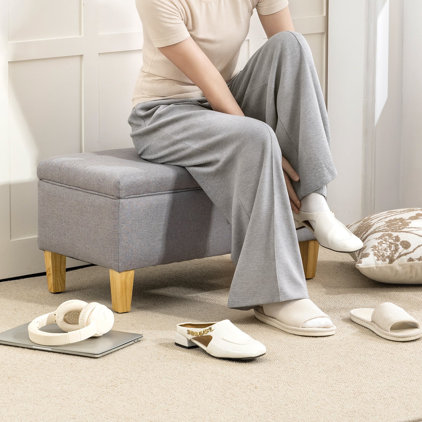 Solo Linen Light Grey Storage Footstool With Storage Natural Wooden Legs