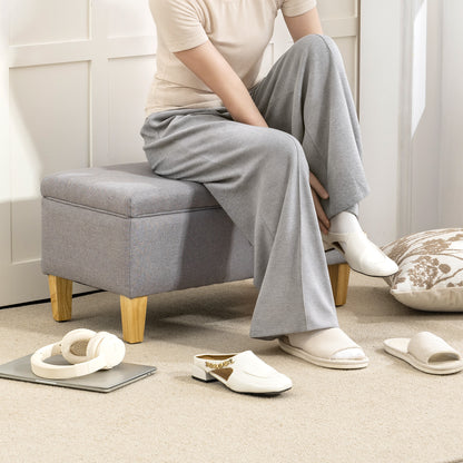 Solo Linen Light Grey Storage Footstool With Storage Natural Wooden Legs