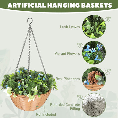 Kabane Set Of 2 Hanging Artificial Lisianthus Floral Baskets With Pinecone Detail Green