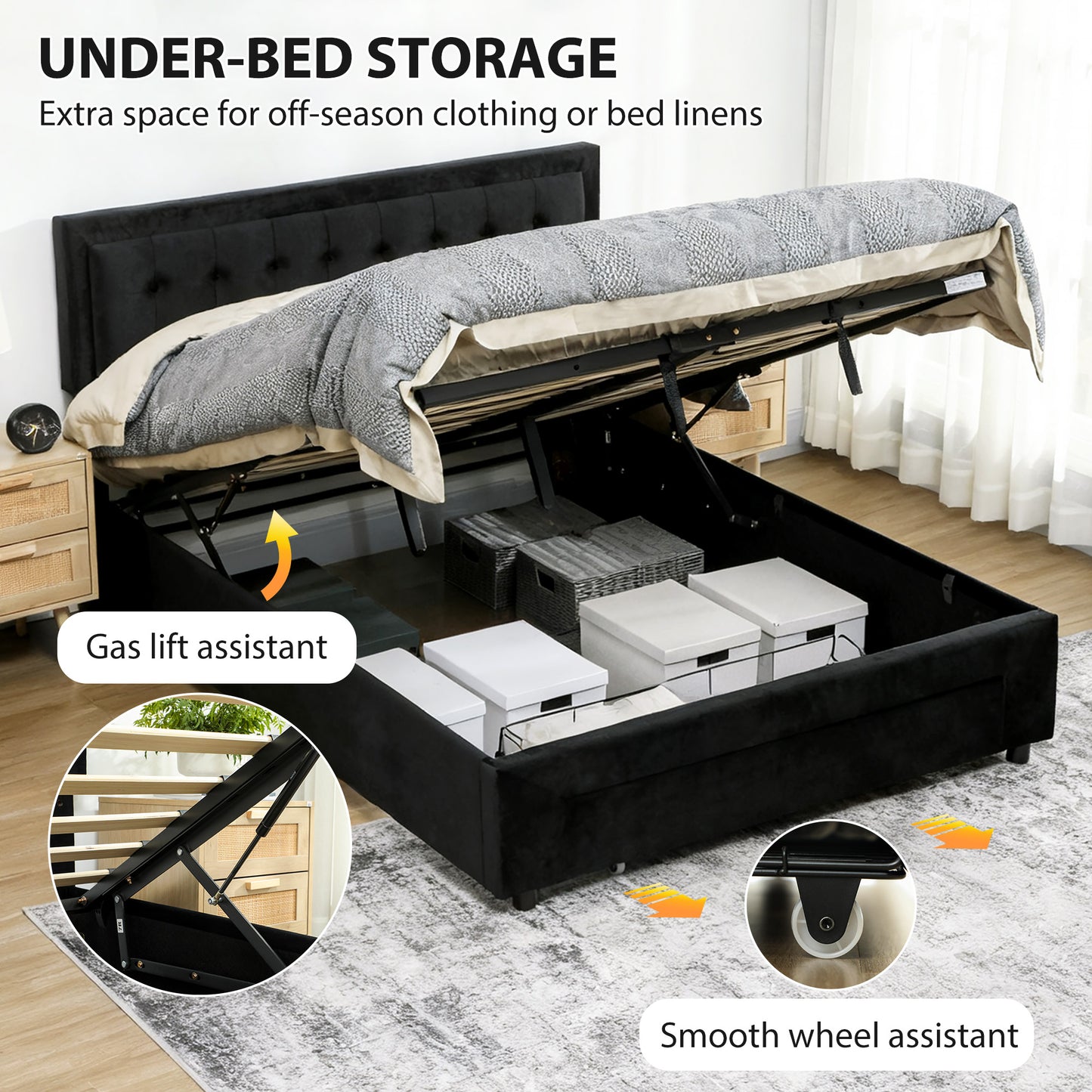 Banado King Size Ottoman Bed Frame with Front Divan Drawer Storage In Black