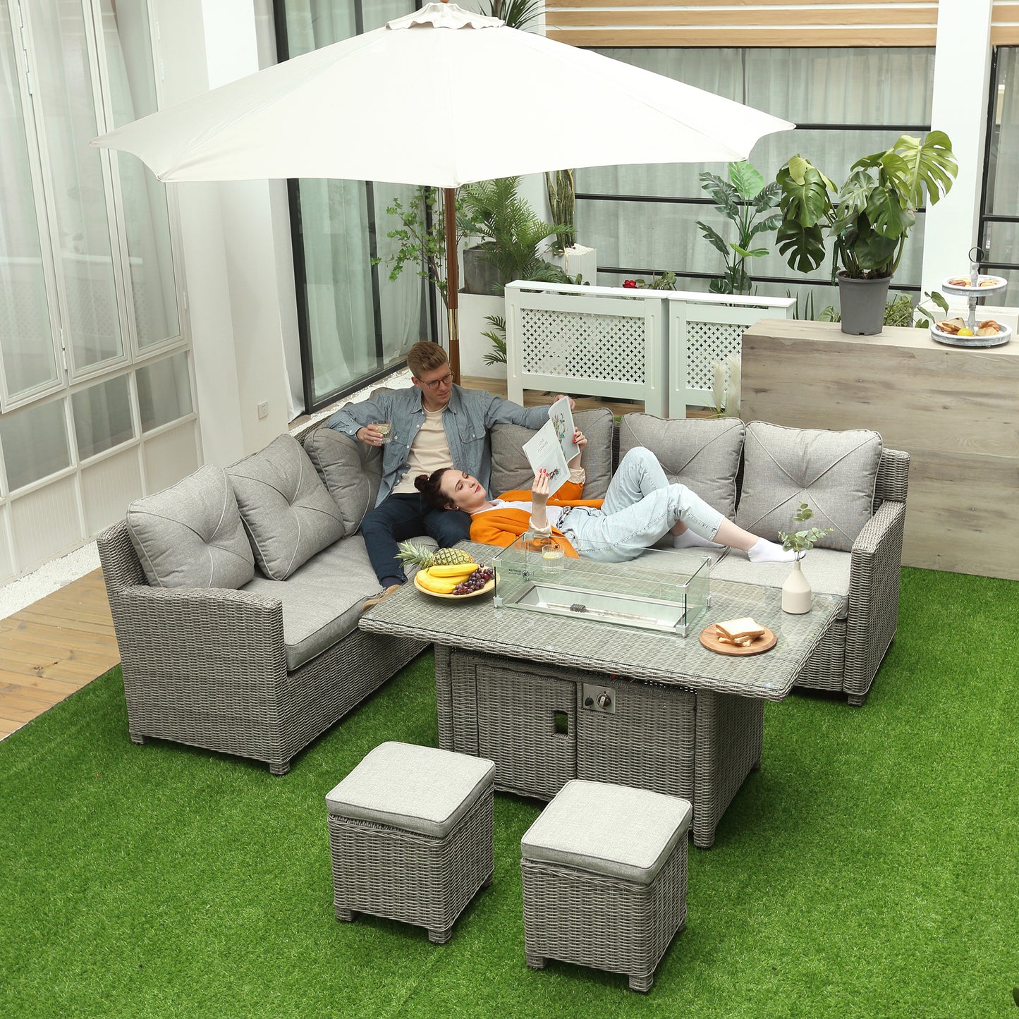 Fiva Faux Rattan 8 Seater L Shaped Outdoor Sofa Set With Fire Pit Table 2 Footstools and Cover