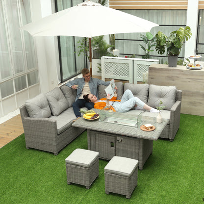 Fiva Faux Rattan 8 Seater L Shaped Outdoor Sofa Set With Fire Pit Table 2 Footstools and Cover