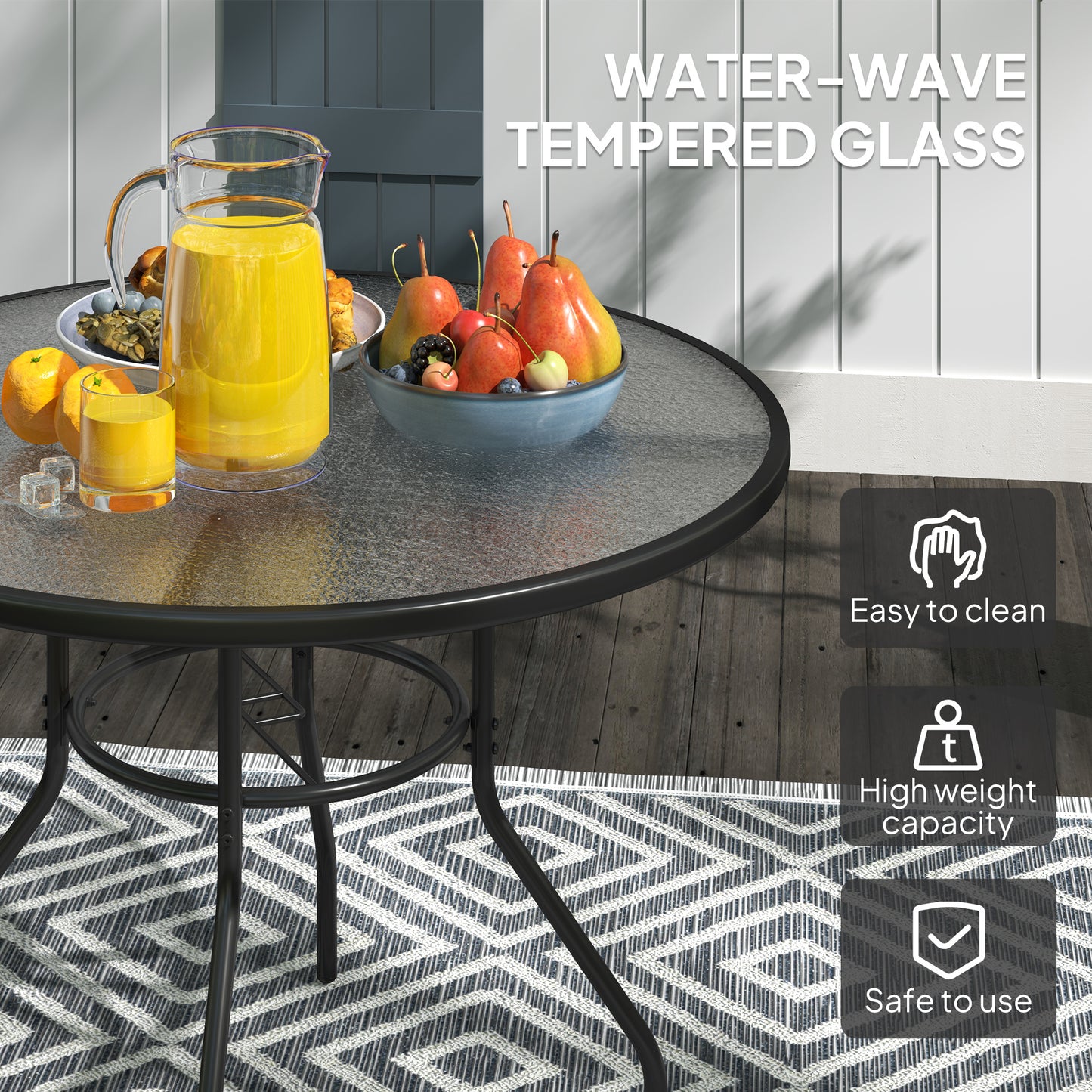 Rekapa Metal Black Glass Top Outdoor Table With Central Parasol Hole