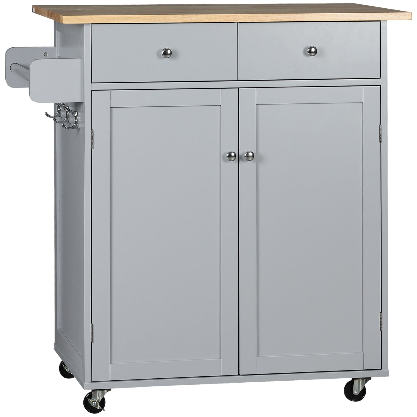 Mobani Natural Top Grey Wood Rolling Kitchen Island With Drawers Towel Rack And Hooks