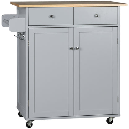 Mobani Natural Top Grey Wood Rolling Kitchen Island With Drawers Towel Rack And Hooks