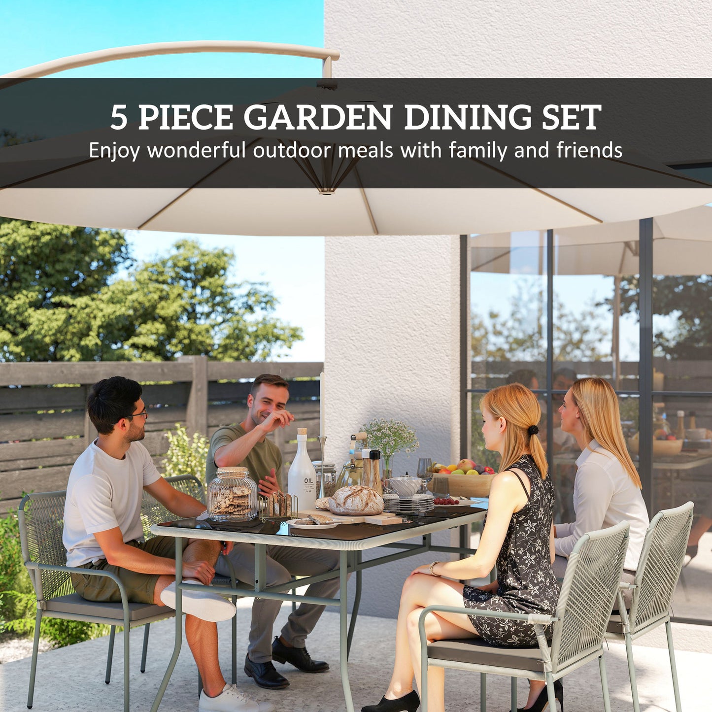 Rolapa Rattan Rope Grey 4 Seater Outdoor Garden Dining Set With Stackable Chairs