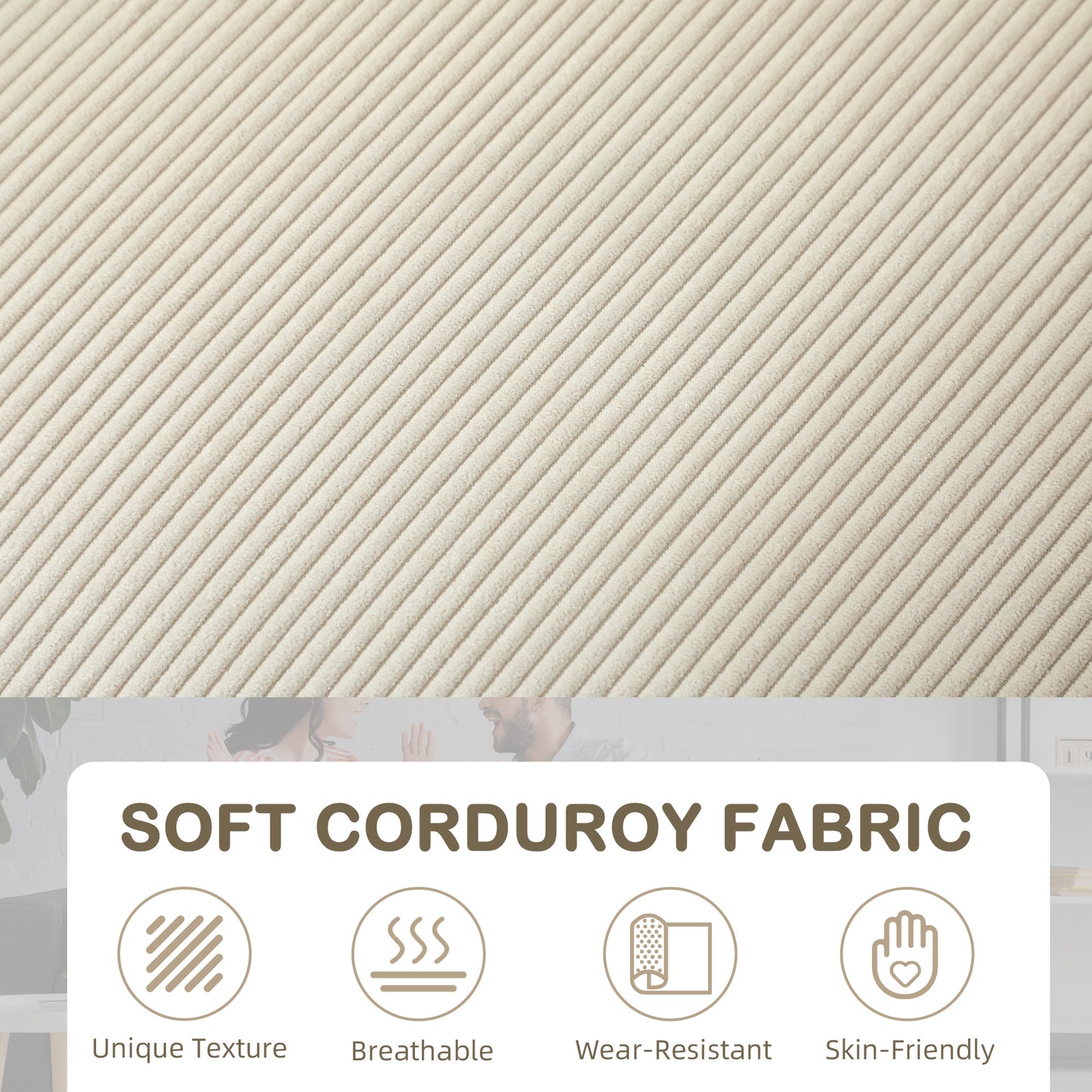 Tocomo Corduroy Cream Upholstered 3 Seater Sofa