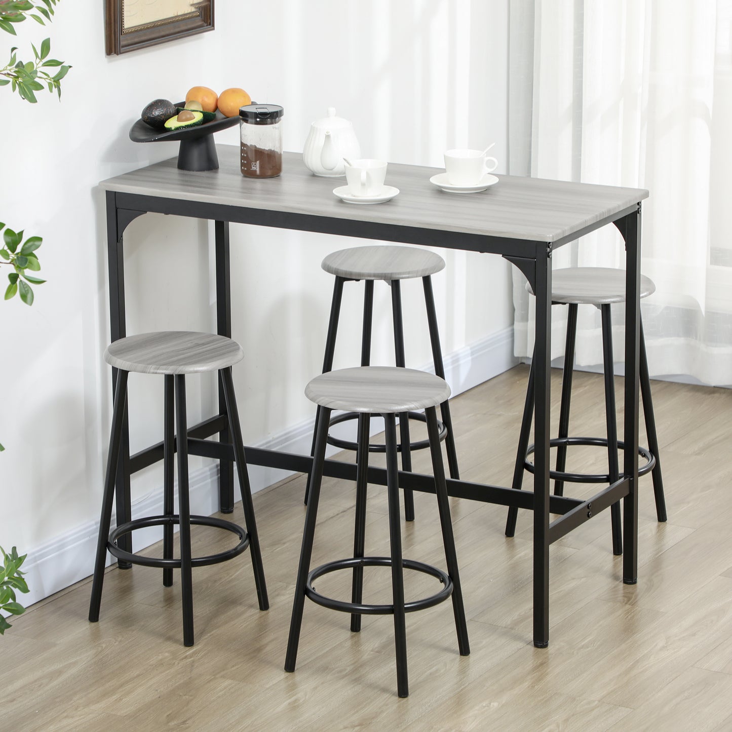 Finani Wooden Grey And Black 5 Piece Industrial Bar Table And Stool Set