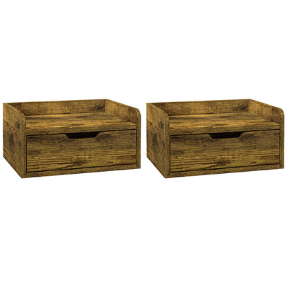 Mita Tova Rustic Brown Set Of 2 Wall Mounted Floating Bedside Tables With Drawer Storage