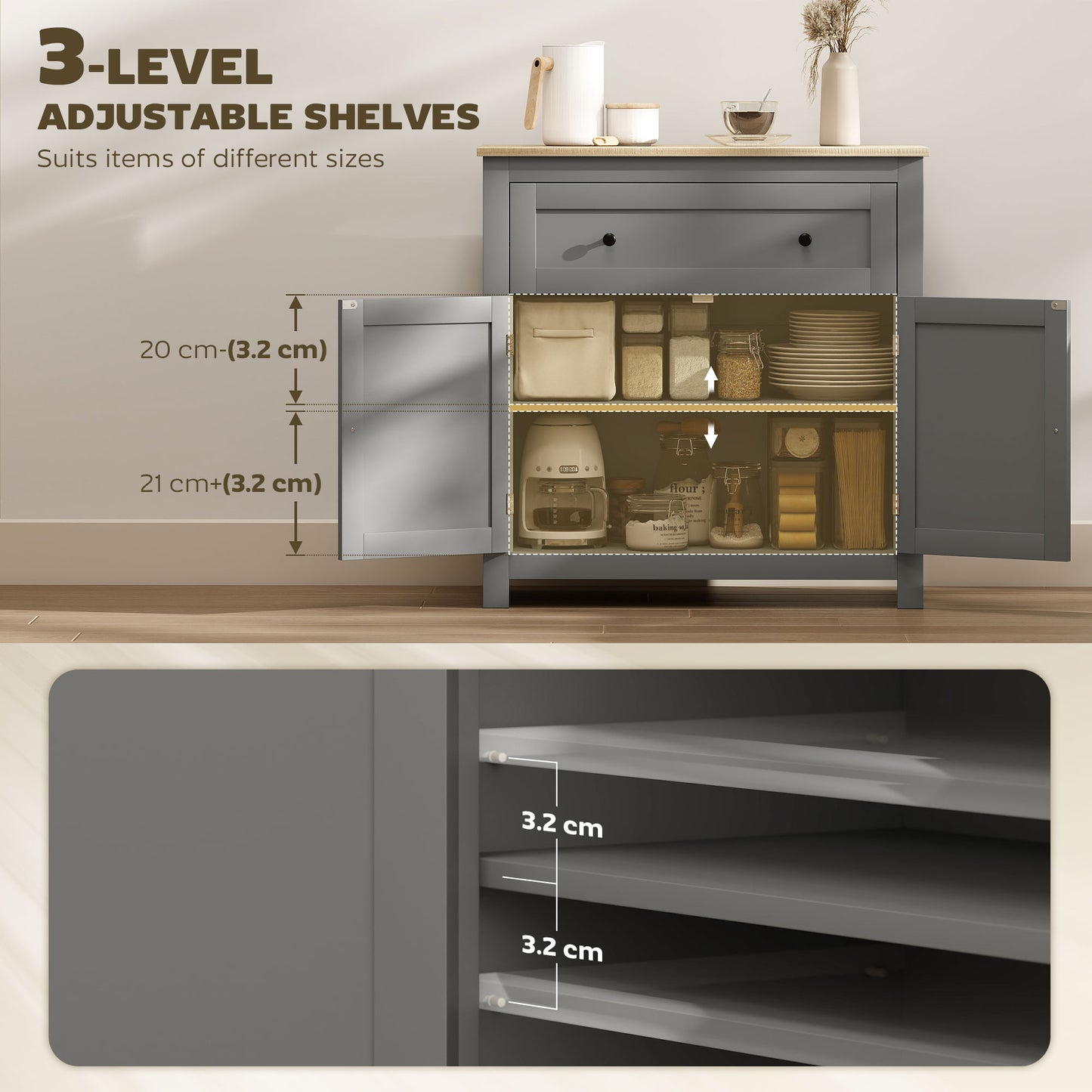 Venisa Grey Modern Sideboard With Drawer Storage Double Doors And Drawer