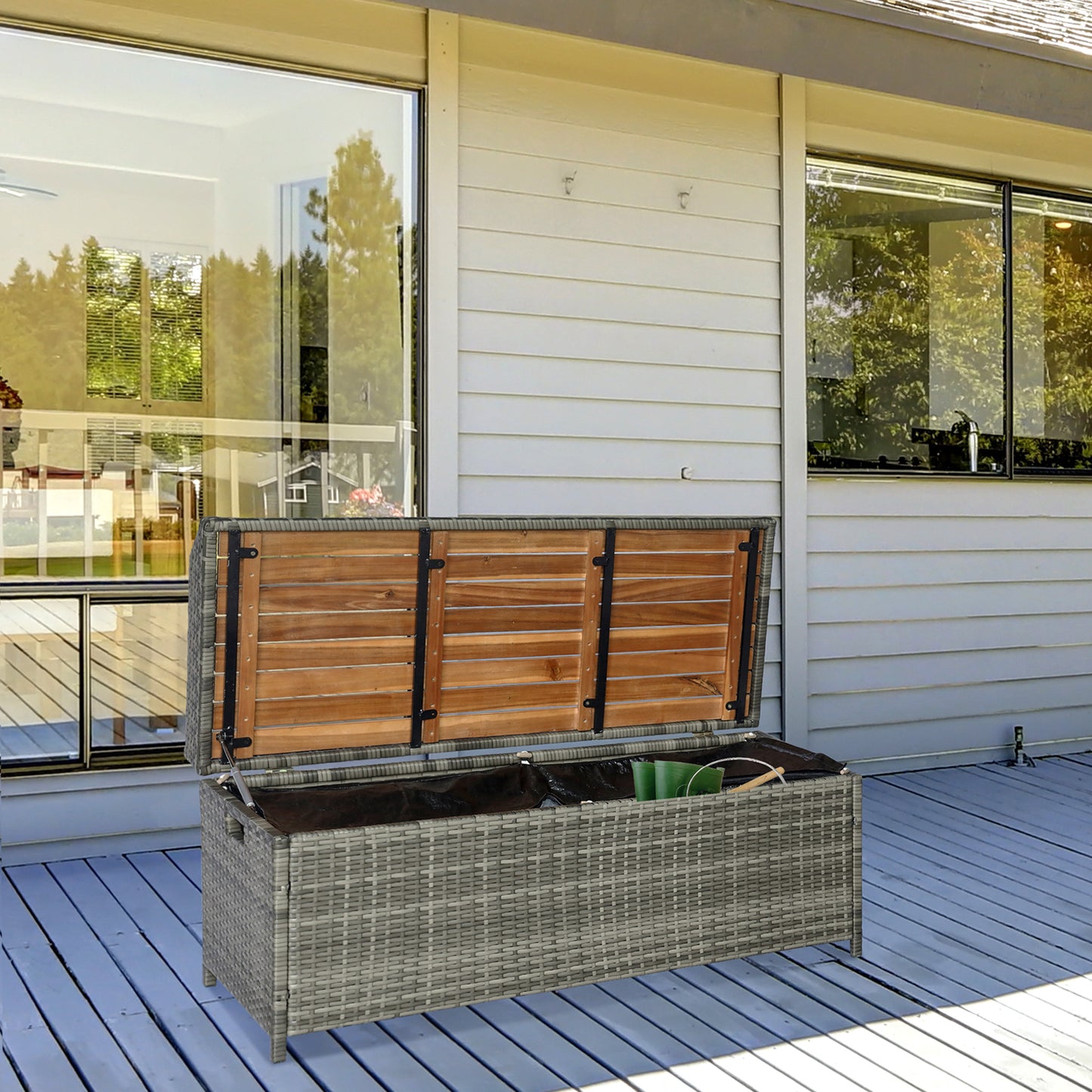 Vane Rattan Grey Outdoor Storage Bench Box With Natural Wood Effect Lid