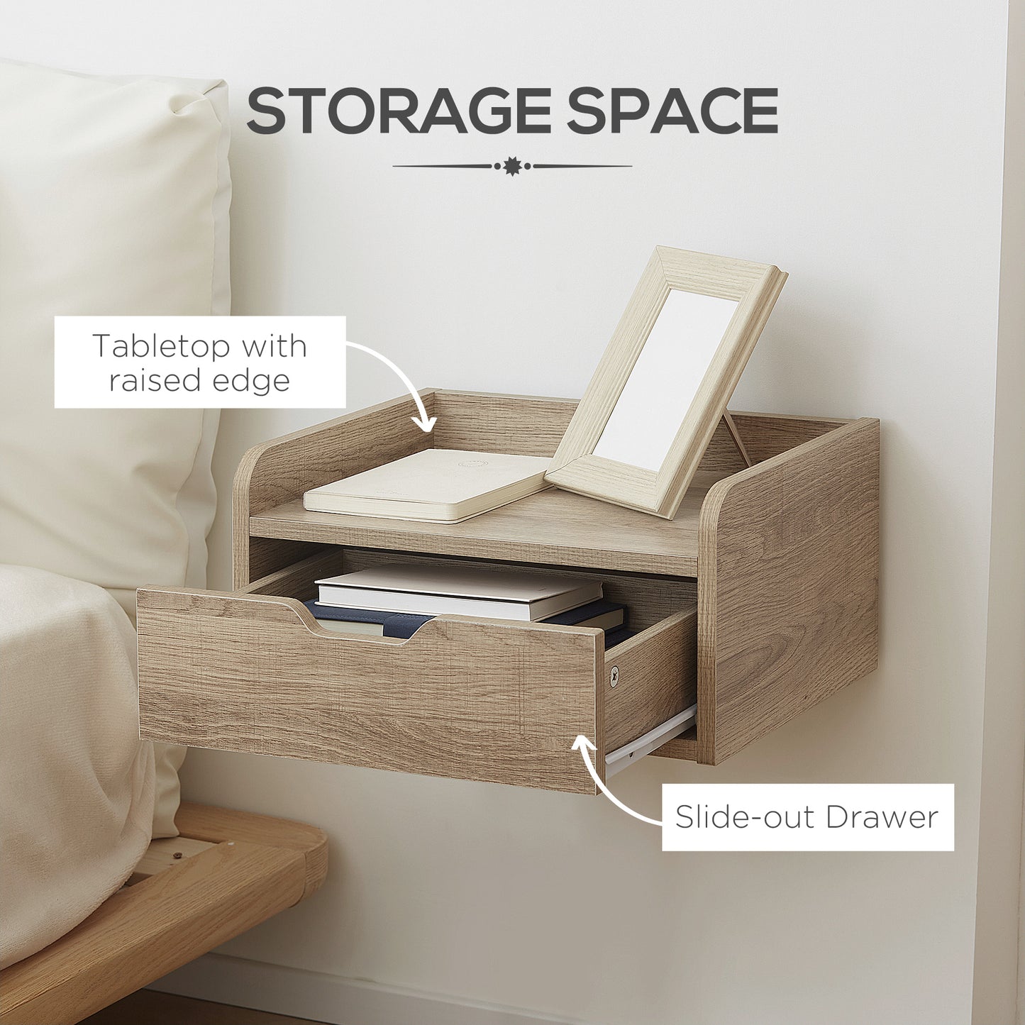 Tacoso Set of 2 Natural Wood Chevron Floating Nightstands With Drawer Wall Mounted