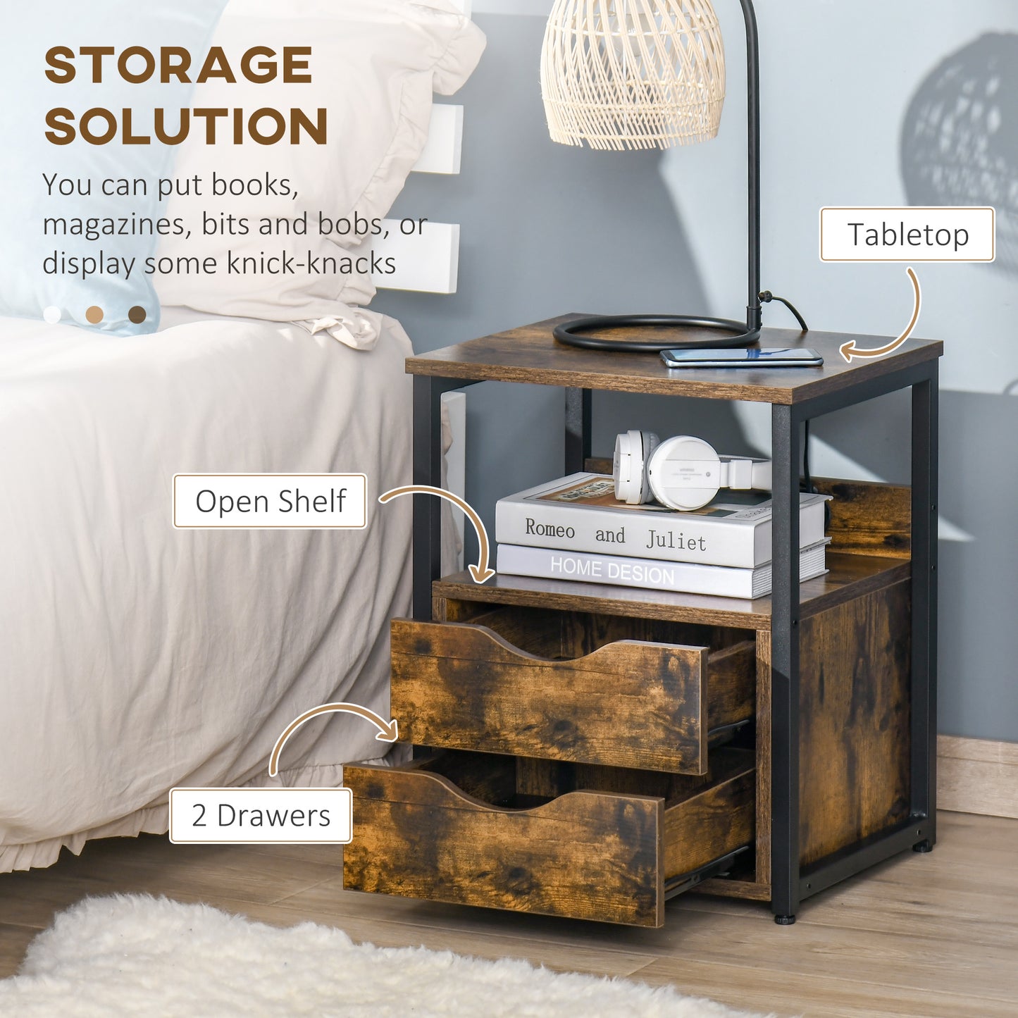 Dikedo Set Of 2 Industrial Metal And Wooden Rustic Brown Bedside Tables 2 Drawer And Shelf