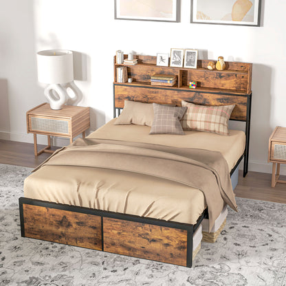 Sata 4FT8 Rustic Brown and Black Industrial Double Bed Frame with Shelves