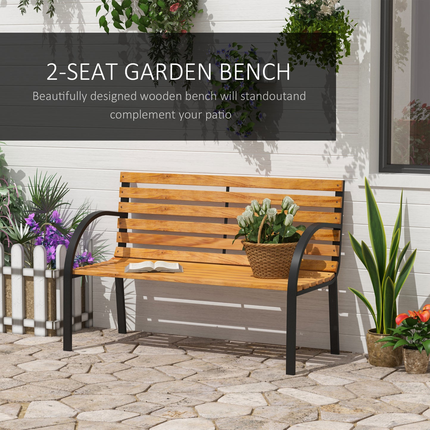 Nifalo 122cm Steel And Natural Slatted Wood Outdoor Garden Bench