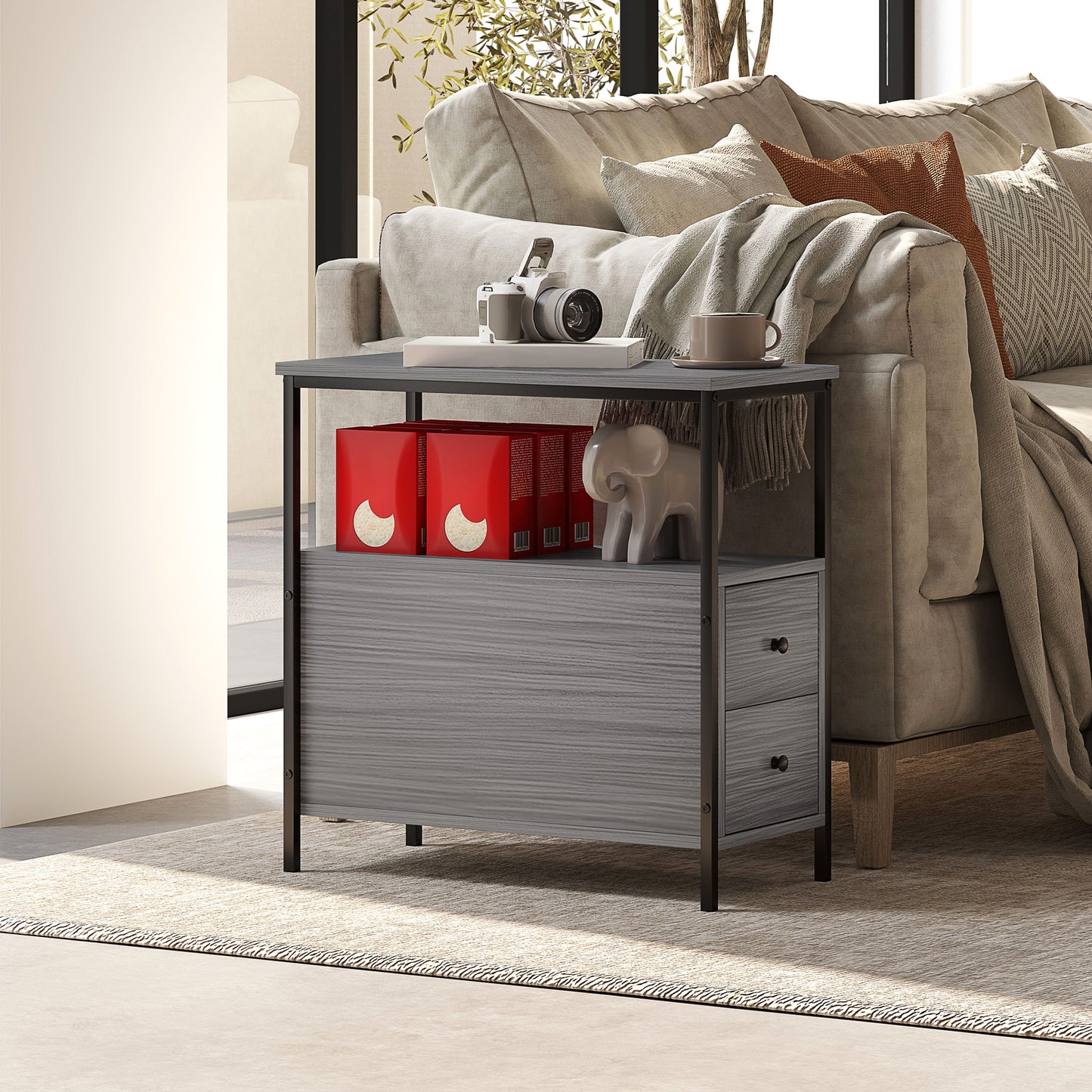 Loto Wooden Grey Wood Effect Narrow Bedside Table With 2 Drawers And Top Shelf