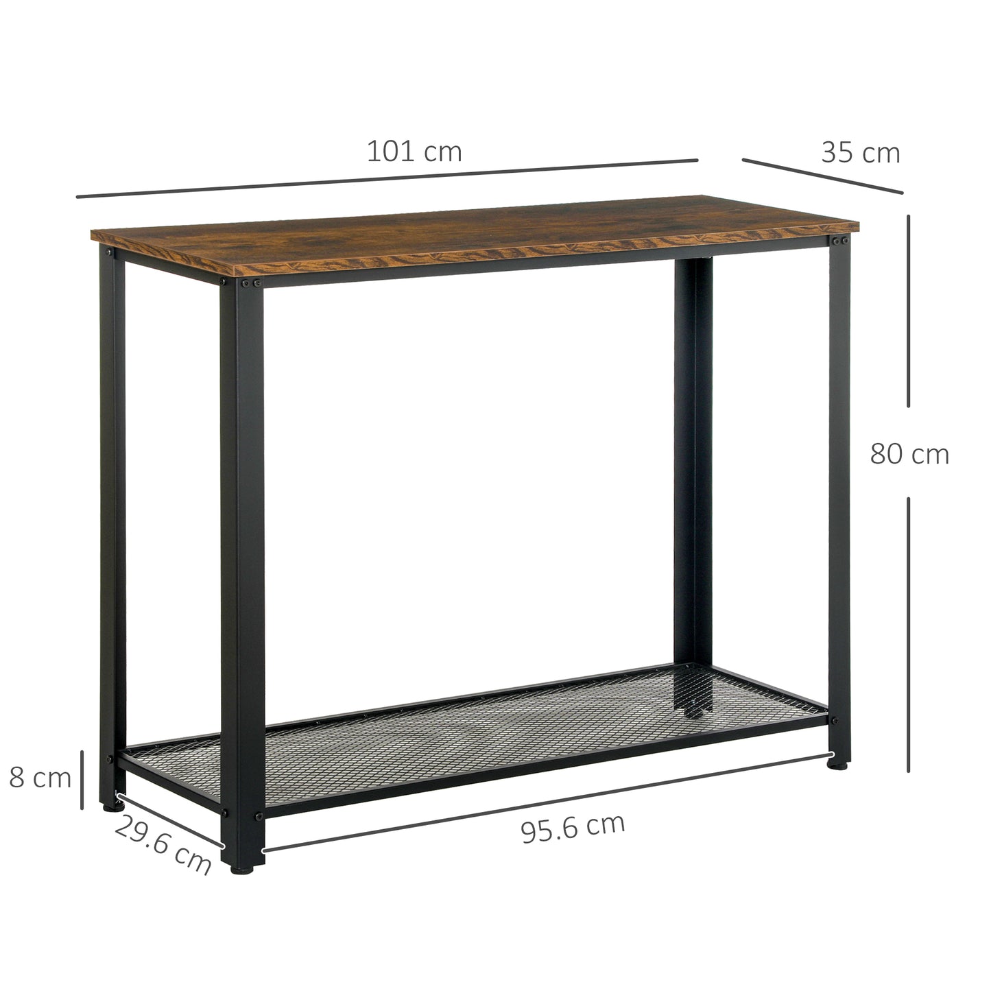 Sovi 101cm Metal And Wooden Rustic Brown Industrial Console Table With Lower Mesh Shelf